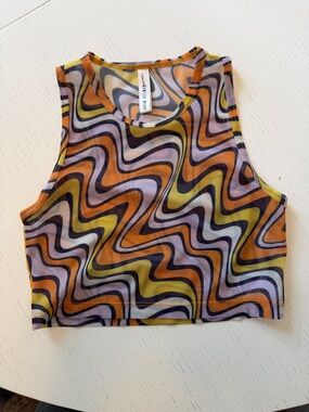 Adam Selman Sport Wavy Abstract Print Crop Tank Top - Orange, Yellow, Purple